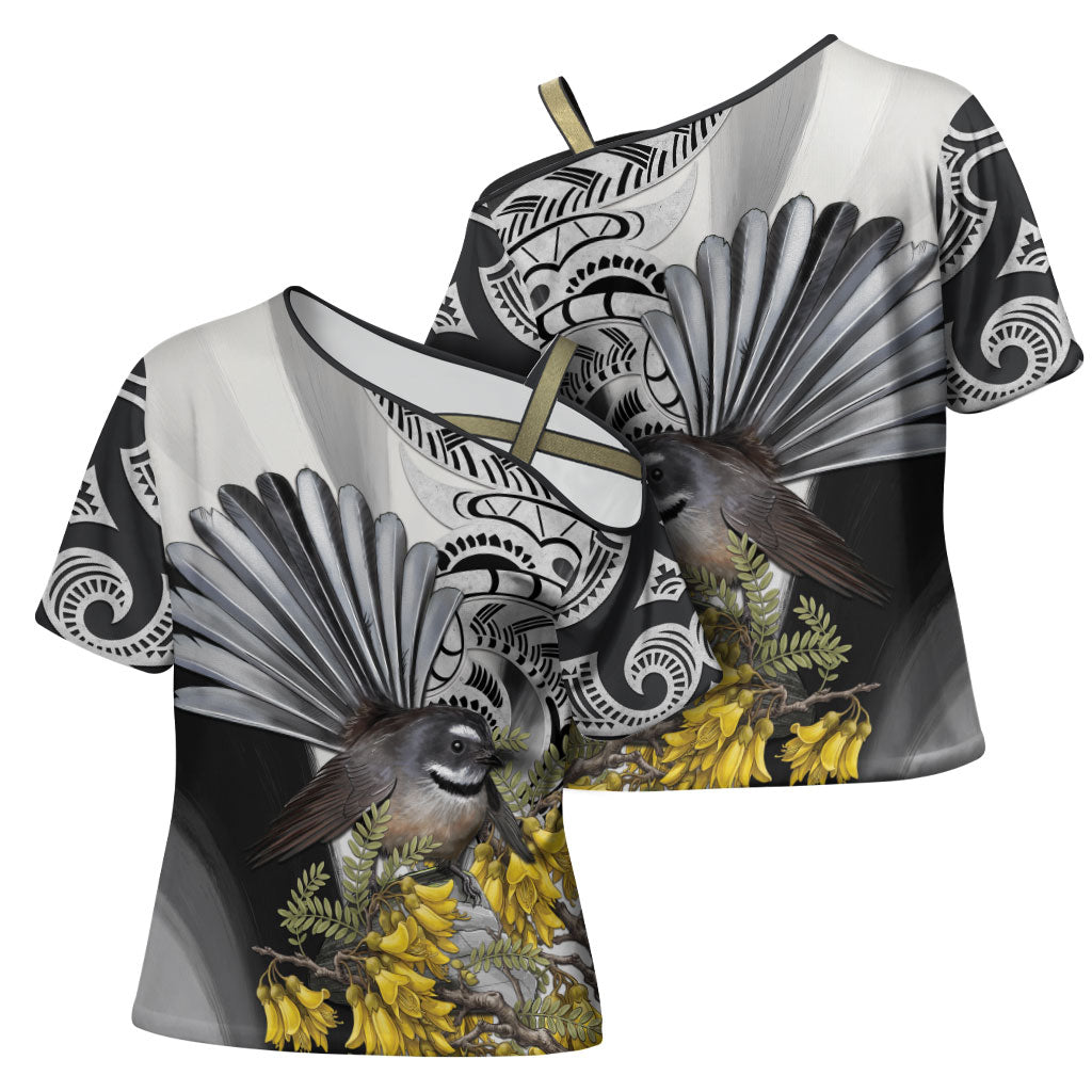 New Zealand Fantail Bird Cross Shoulder Shirt Maori Piwakawaka Kowhai Maori Pattern