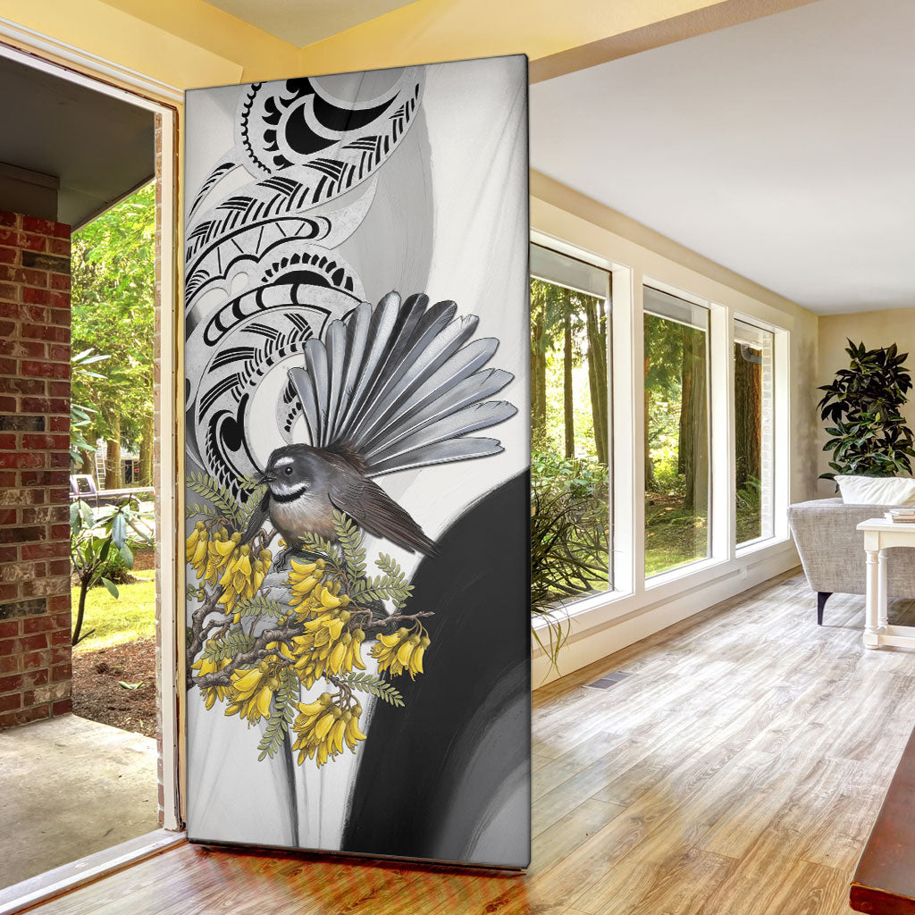 New Zealand Fantail Bird Door Cover Maori Piwakawaka Kowhai Maori Pattern