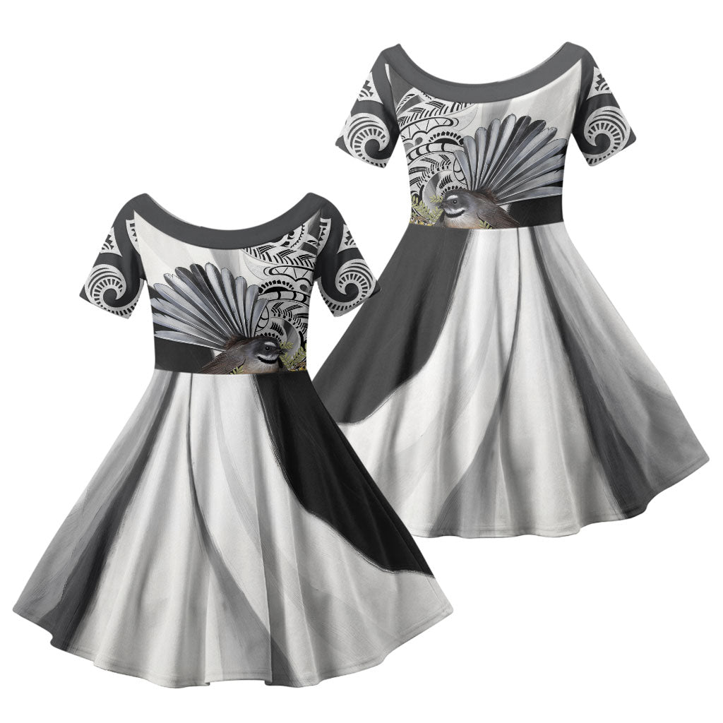 New Zealand Fantail Bird Family Matching Off The Shoulder Long Sleeve Dress and Hawaiian Shirt Maori Piwakawaka Kowhai Maori Pattern