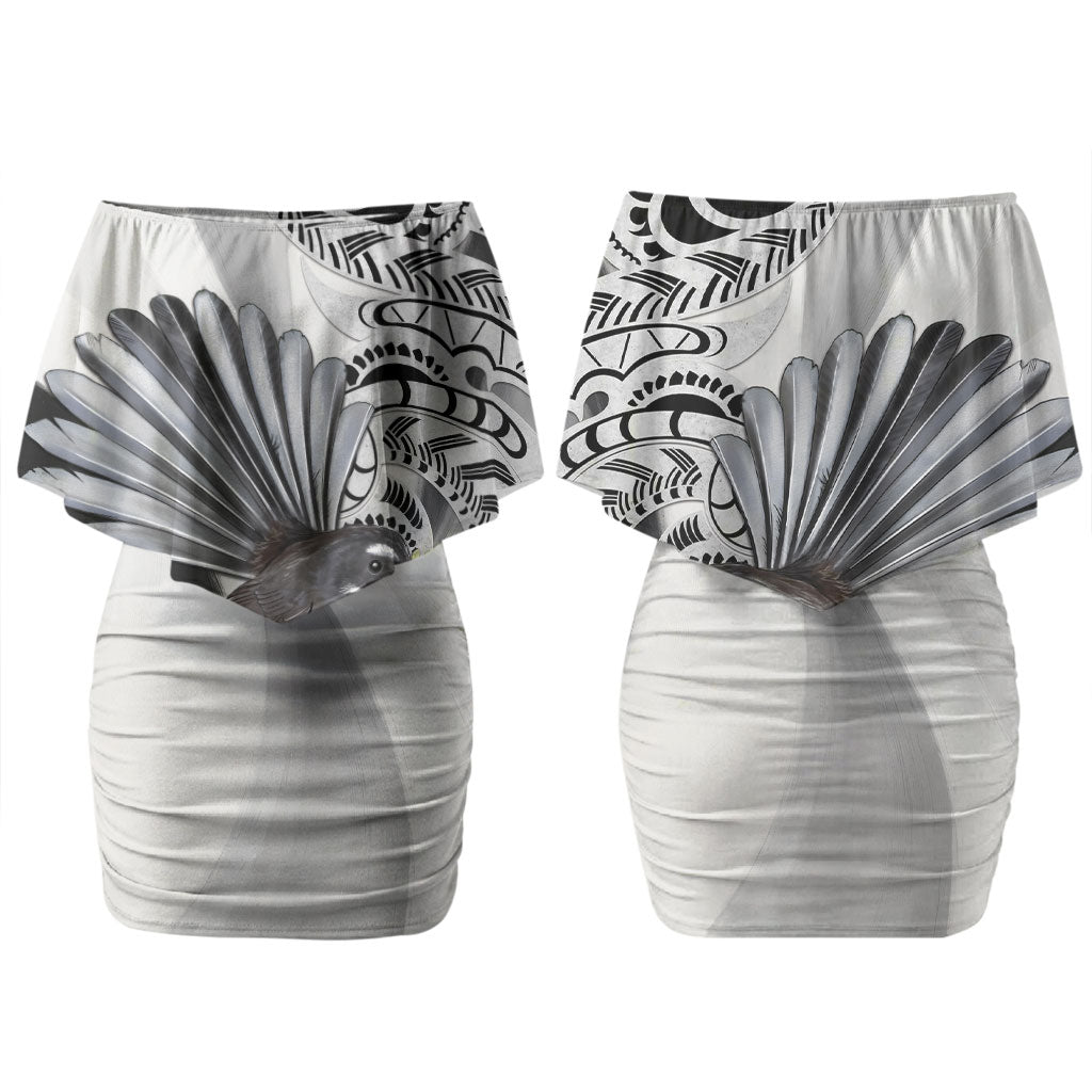 New Zealand Fantail Bird Family Matching Off Shoulder Short Dress and Hawaiian Shirt Maori Piwakawaka Kowhai Maori Pattern