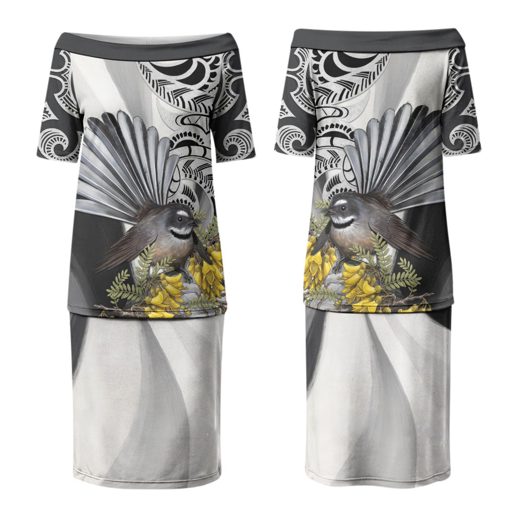 New Zealand Fantail Bird Family Matching Puletasi and Hawaiian Shirt Maori Piwakawaka Kowhai Maori Pattern