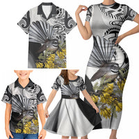 New Zealand Fantail Bird Family Matching Short Sleeve Bodycon Dress and Hawaiian Shirt Maori Piwakawaka Kowhai Maori Pattern