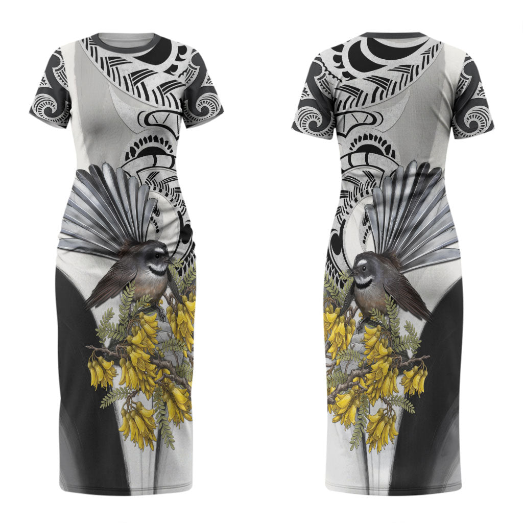 New Zealand Fantail Bird Family Matching Short Sleeve Bodycon Dress and Hawaiian Shirt Maori Piwakawaka Kowhai Maori Pattern