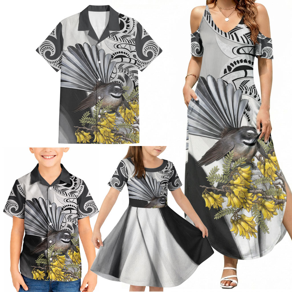 New Zealand Fantail Bird Family Matching Summer Maxi Dress and Hawaiian Shirt Maori Piwakawaka Kowhai Maori Pattern