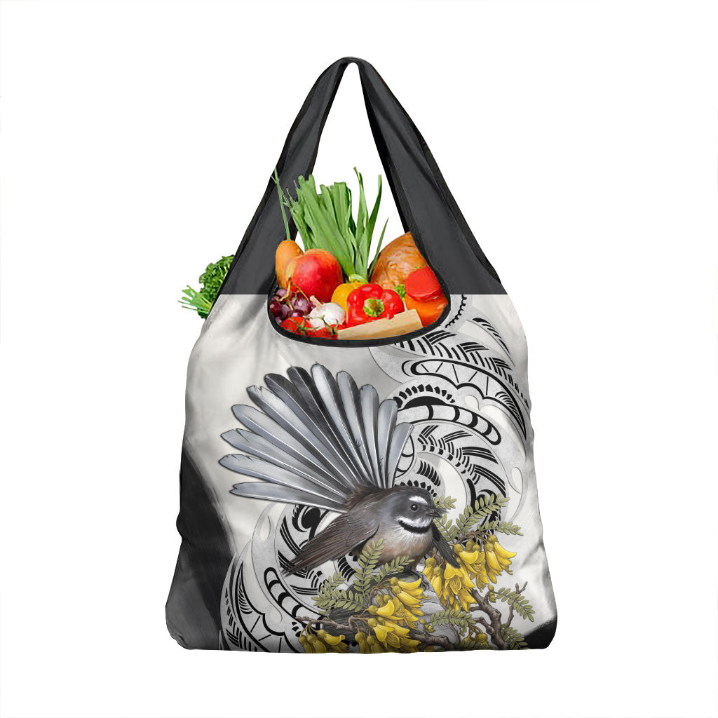 New Zealand Fantail Bird Grocery Bag Maori Piwakawaka Kowhai Maori Pattern