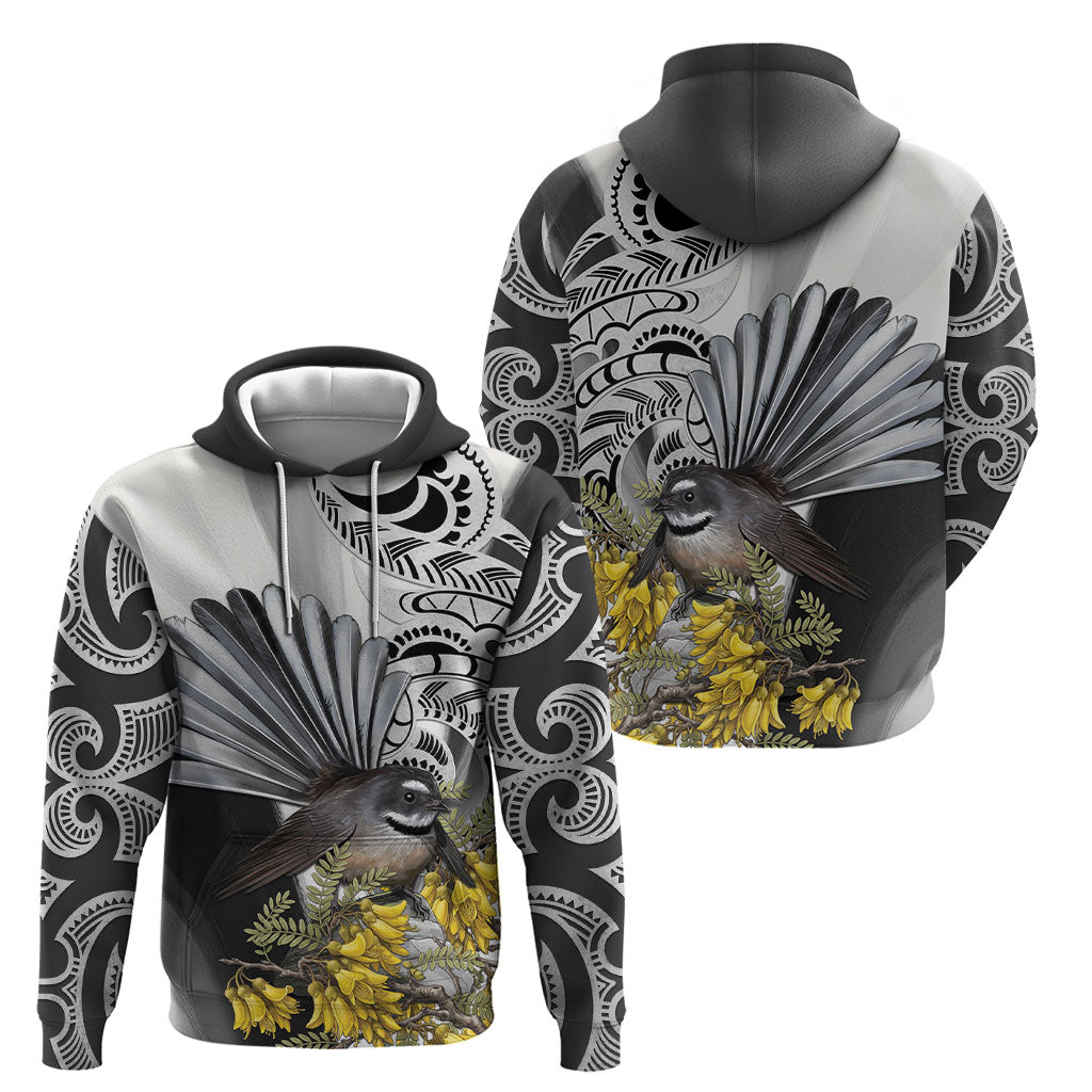 New Zealand Fantail Bird Hoodie Maori Piwakawaka Kowhai Maori Pattern