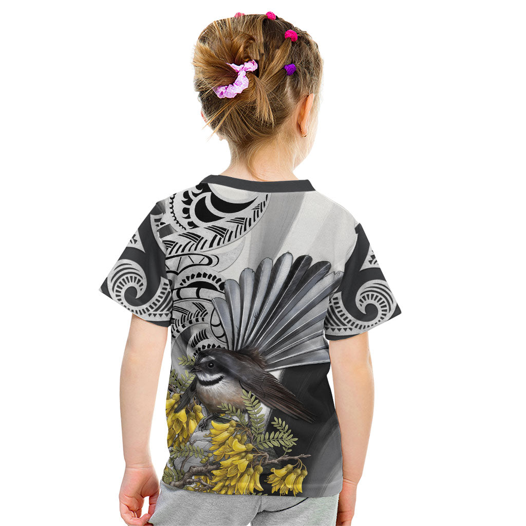 New Zealand Fantail Bird Kid T Shirt Maori Piwakawaka Kowhai Maori Pattern