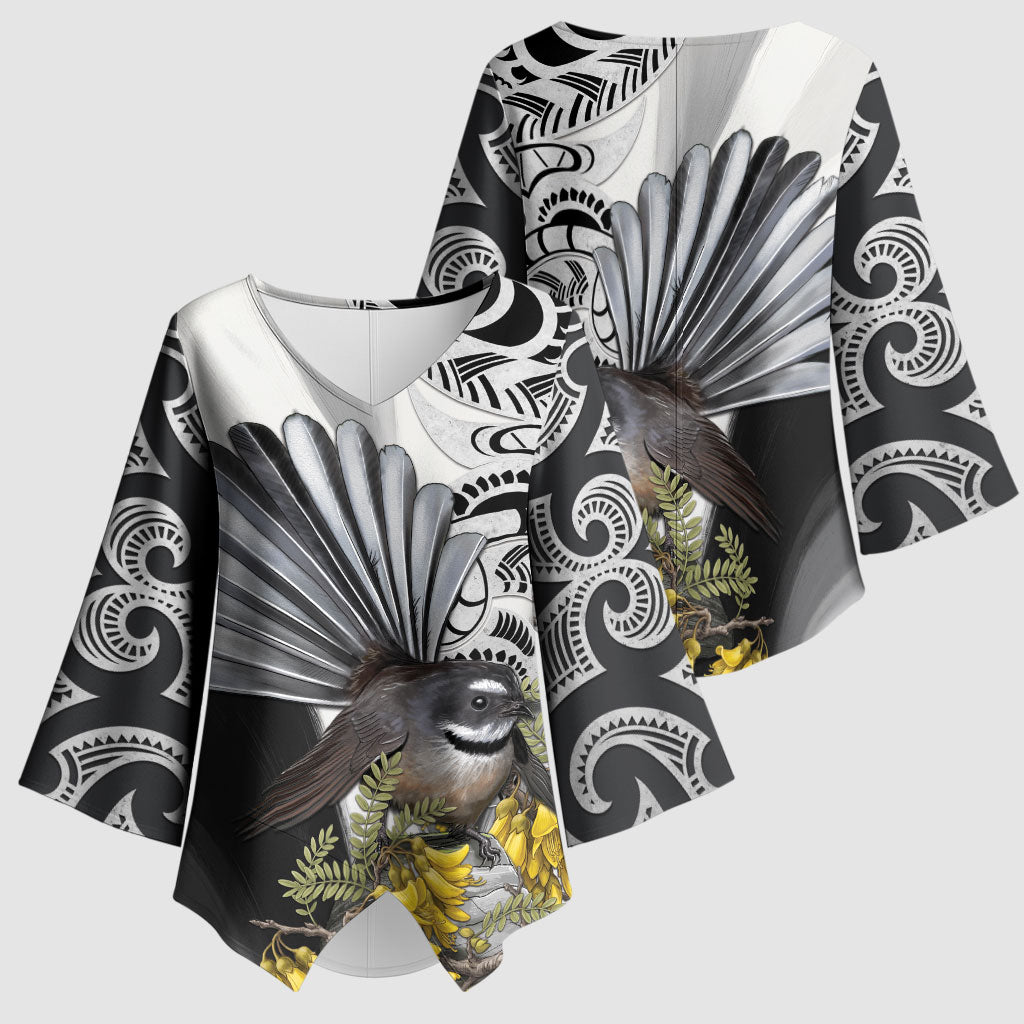 New Zealand Fantail Bird Kimono Sleeve Blouse Maori Piwakawaka Kowhai Maori Pattern