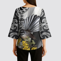 New Zealand Fantail Bird Kimono Sleeve Blouse Maori Piwakawaka Kowhai Maori Pattern