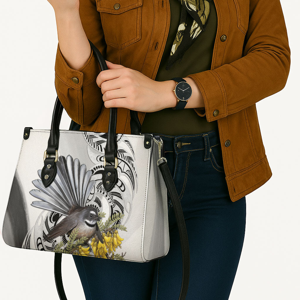 New Zealand Fantail Bird Leather Bag Maori Piwakawaka Kowhai Maori Pattern
