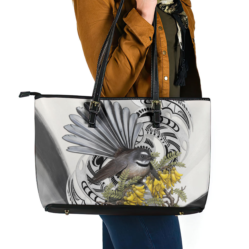 New Zealand Fantail Bird Leather Tote Bag Maori Piwakawaka Kowhai Maori Pattern