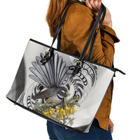 New Zealand Fantail Bird Leather Tote Bag Maori Piwakawaka Kowhai Maori Pattern
