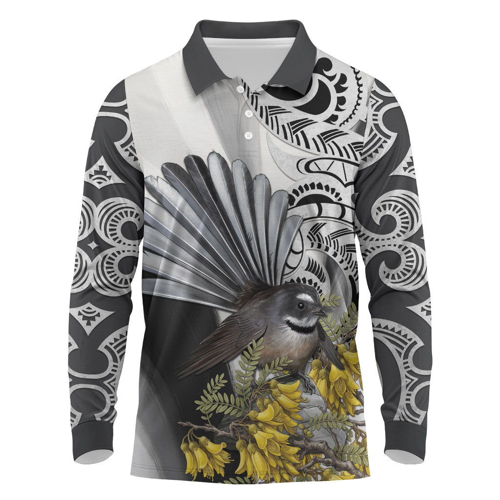 New Zealand Fantail Bird Long Sleeve Polo Shirt Maori Piwakawaka Kowhai Maori Pattern