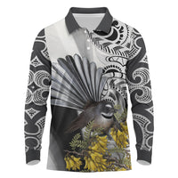 New Zealand Fantail Bird Long Sleeve Polo Shirt Maori Piwakawaka Kowhai Maori Pattern