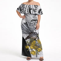 New Zealand Fantail Bird Off Shoulder Maxi Dress Maori Piwakawaka Kowhai Maori Pattern