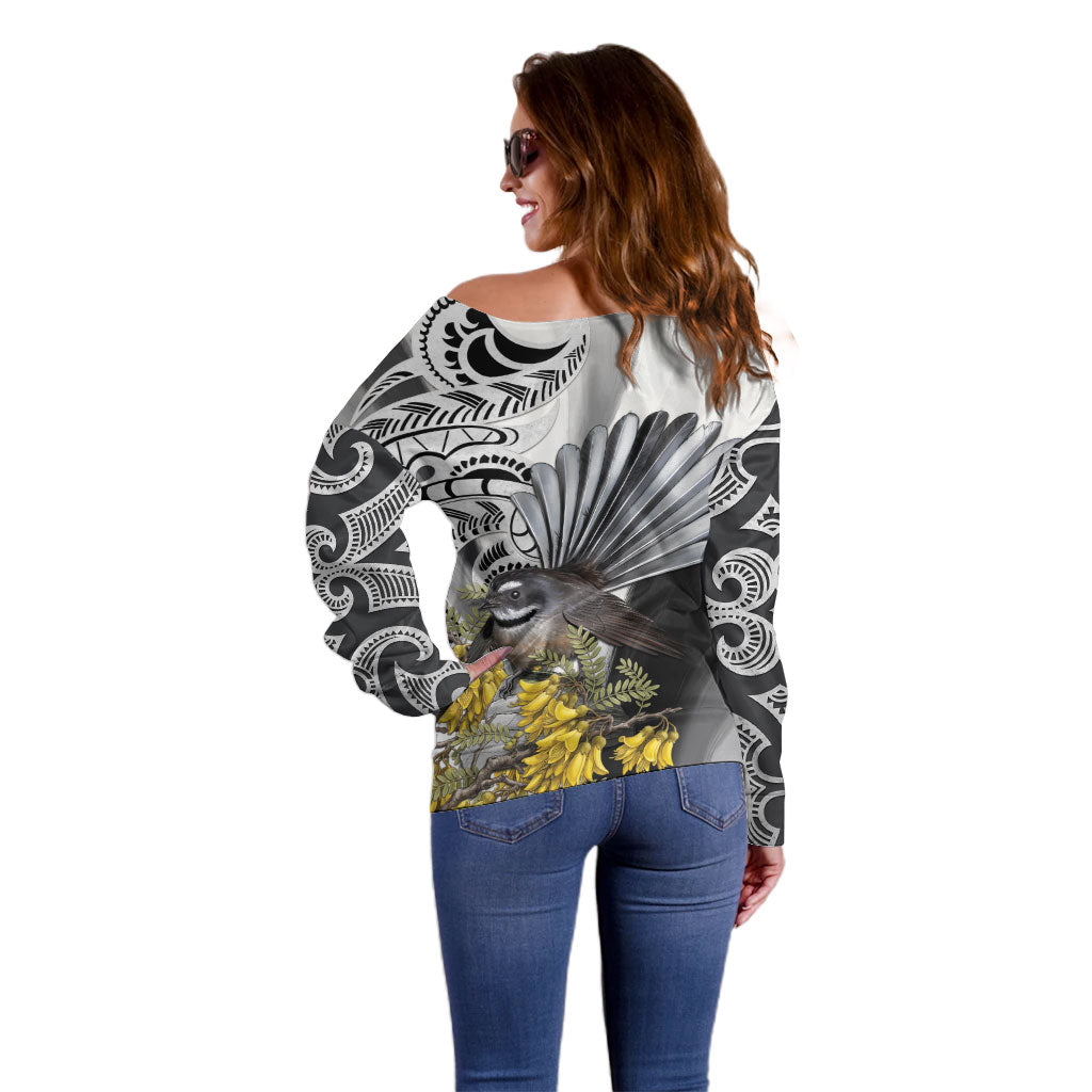 New Zealand Fantail Bird Off Shoulder Sweater Maori Piwakawaka Kowhai Maori Pattern