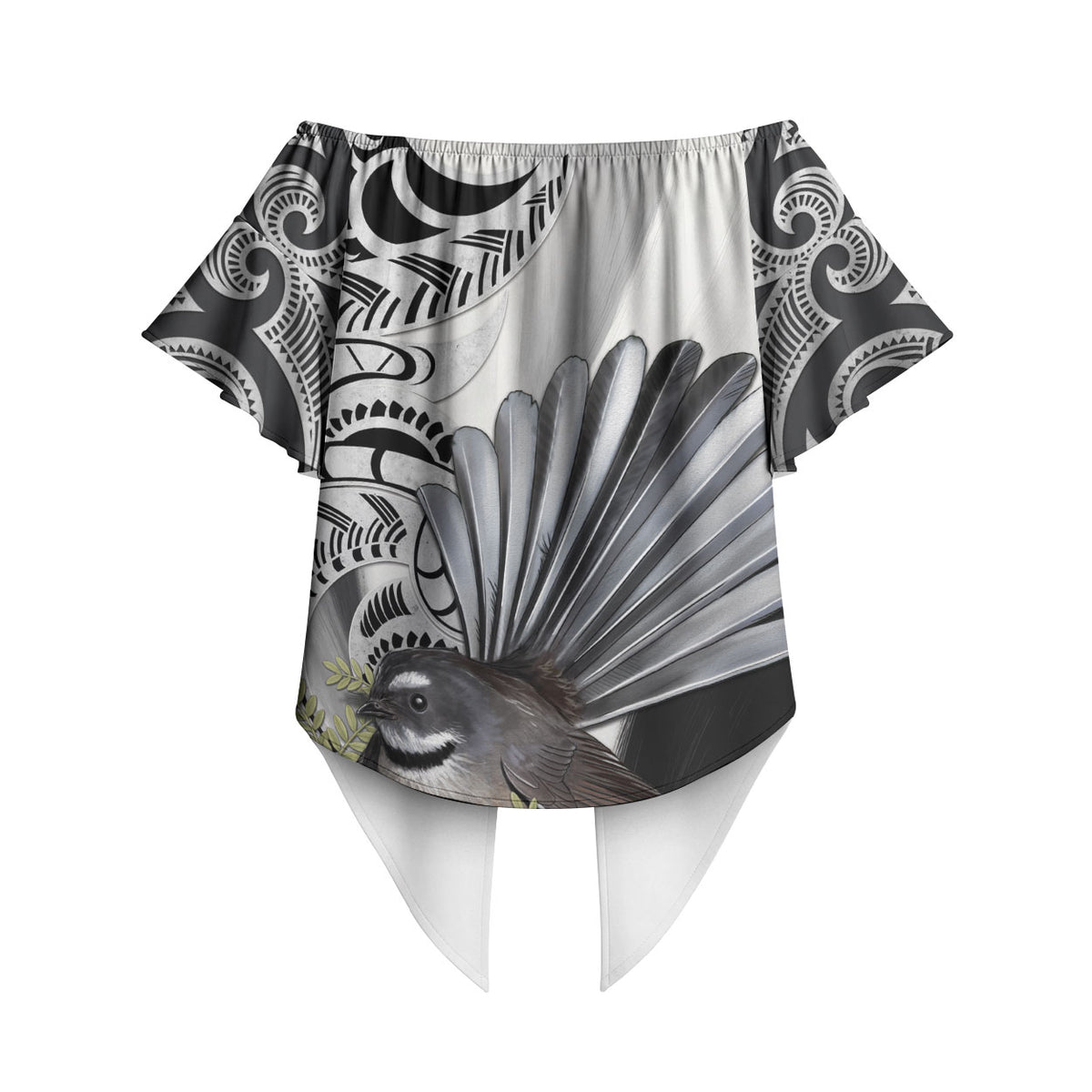 New Zealand Fantail Bird Off Shoulder Wrap Waist Top Maori Piwakawaka Kowhai Maori Pattern LT22 - Polynesian Pride