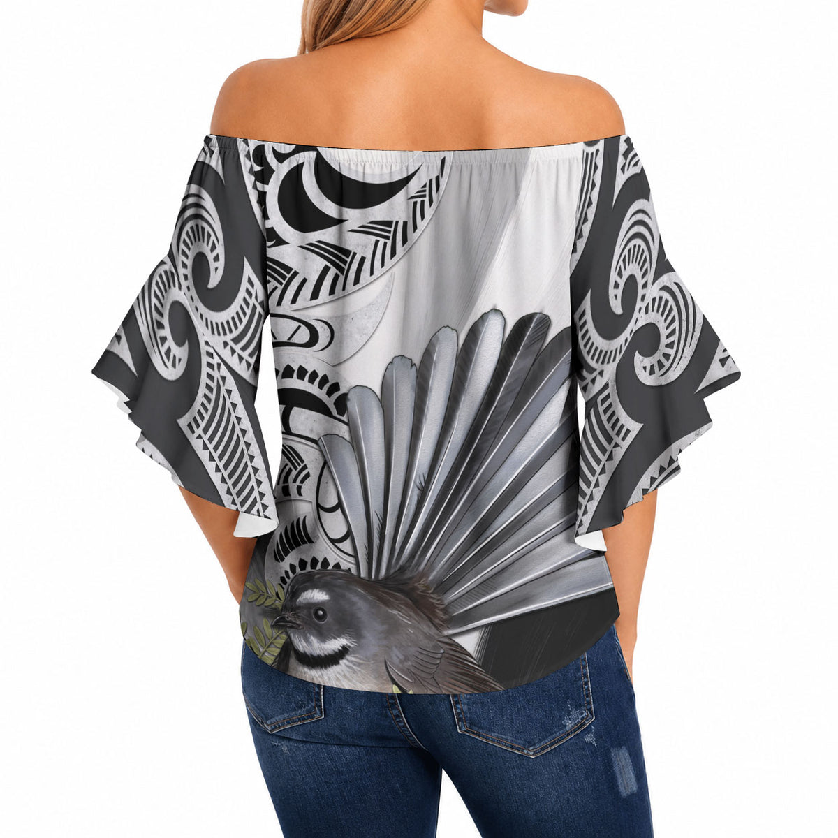 New Zealand Fantail Bird Off Shoulder Wrap Waist Top Maori Piwakawaka Kowhai Maori Pattern LT22 - Polynesian Pride