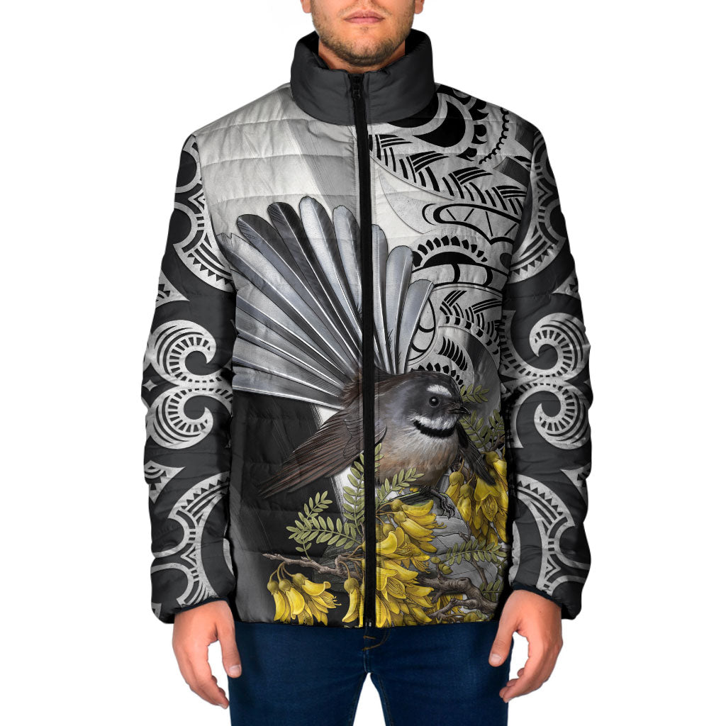 New Zealand Fantail Bird Padded Jacket Maori Piwakawaka Kowhai Maori Pattern LT22 Men Grey - Polynesian Pride