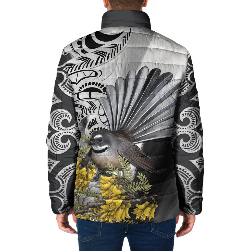 New Zealand Fantail Bird Padded Jacket Maori Piwakawaka Kowhai Maori Pattern