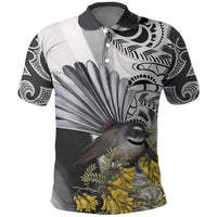 New Zealand Fantail Bird Polo Shirt Maori Piwakawaka Kowhai Maori Pattern