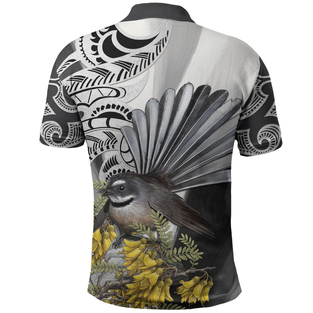 New Zealand Fantail Bird Polo Shirt Maori Piwakawaka Kowhai Maori Pattern
