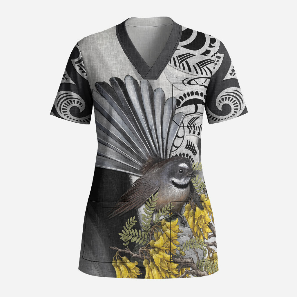 New Zealand Fantail Bird Scrub Top Maori Piwakawaka Kowhai Maori Pattern