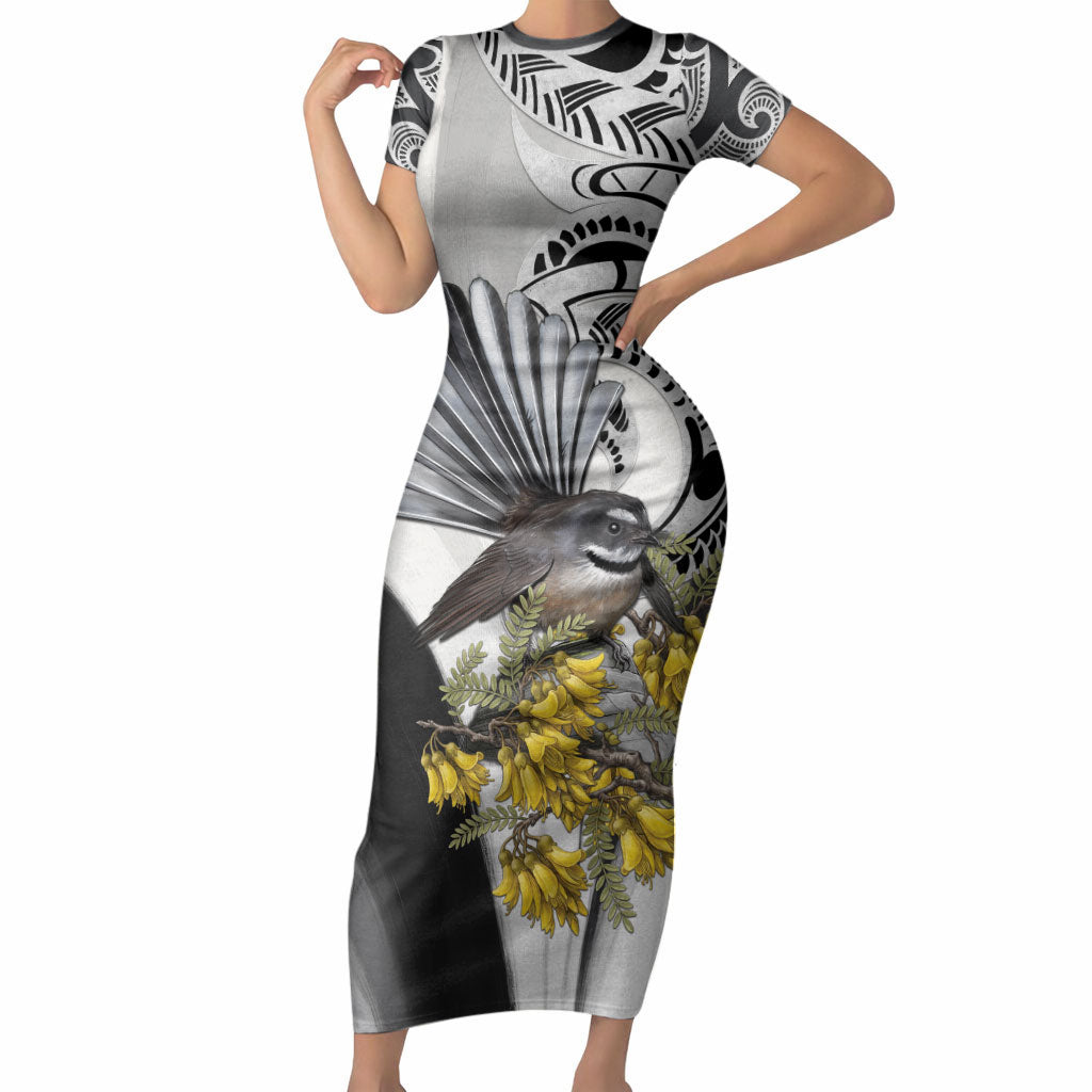 New Zealand Fantail Bird Short Sleeve Bodycon Dress Maori Piwakawaka Kowhai Maori Pattern LT22 Long Dress Grey - Polynesian Pride