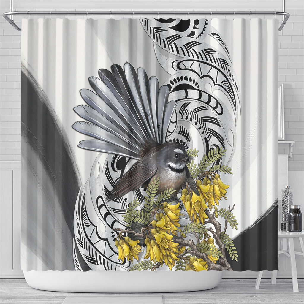 New Zealand Fantail Bird Shower Curtain Maori Piwakawaka Kowhai Maori Pattern