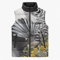 New Zealand Fantail Bird Sleeveless Puffer Jacket Maori Piwakawaka Kowhai Maori Pattern
