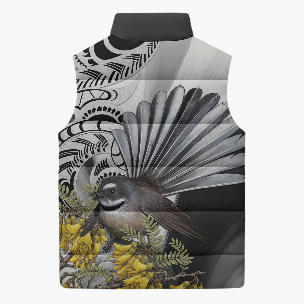 New Zealand Fantail Bird Sleeveless Puffer Jacket Maori Piwakawaka Kowhai Maori Pattern