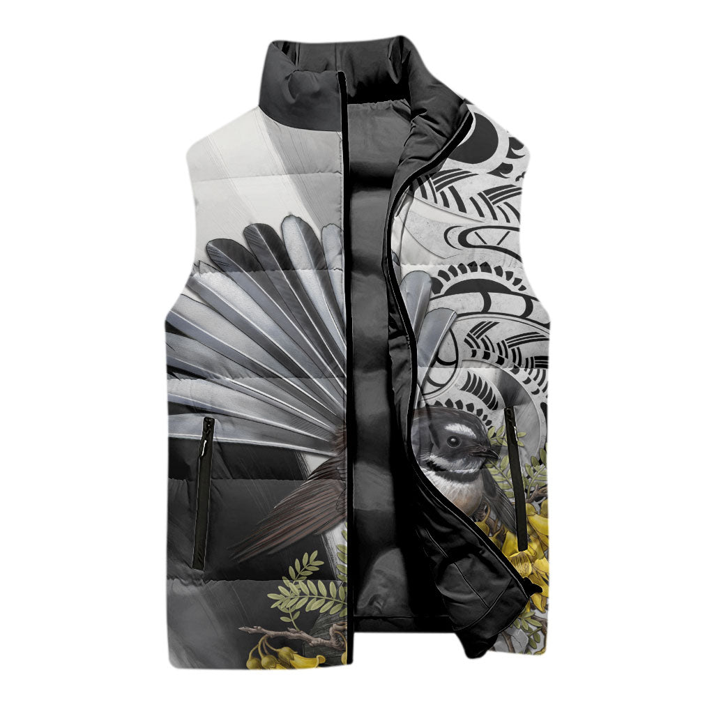 New Zealand Fantail Bird Sleeveless Puffer Jacket Maori Piwakawaka Kowhai Maori Pattern