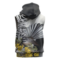 New Zealand Fantail Bird Sleeveless Zip Hoodie Maori Piwakawaka Kowhai Maori Pattern