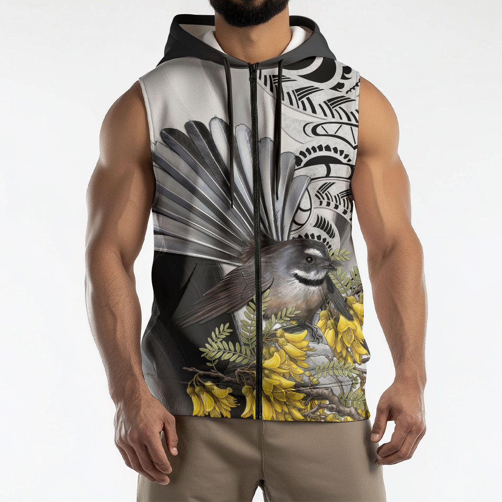 New Zealand Fantail Bird Sleeveless Zip Hoodie Maori Piwakawaka Kowhai Maori Pattern