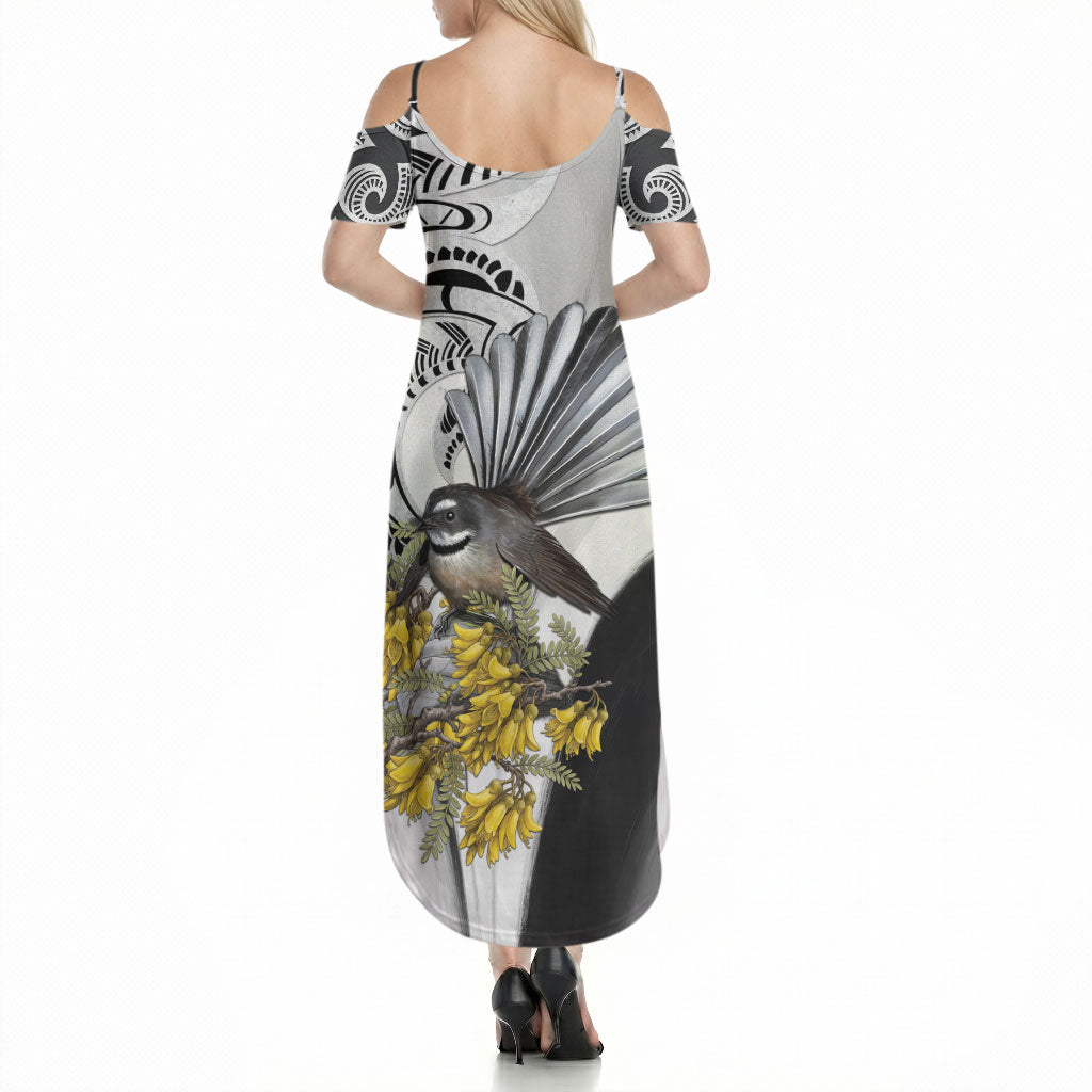 New Zealand Fantail Bird Summer Maxi Dress Maori Piwakawaka Kowhai Maori Pattern