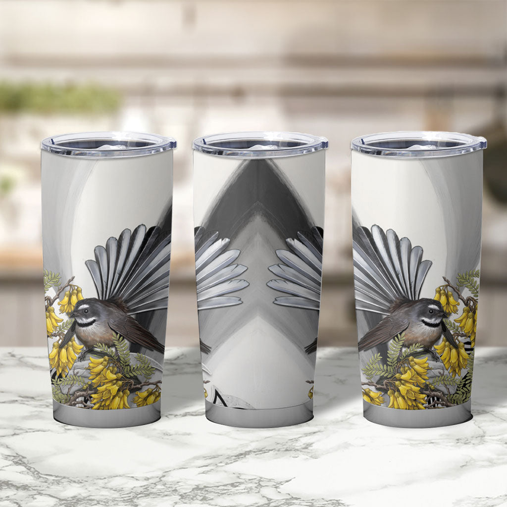 New Zealand Fantail Bird Tumbler Cup Maori Piwakawaka Kowhai Maori Pattern