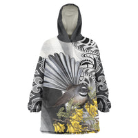 New Zealand Fantail Bird Wearable Blanket Hoodie Maori Piwakawaka Kowhai Maori Pattern