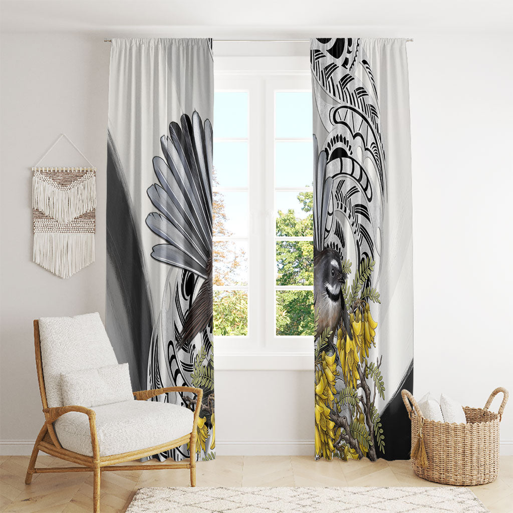 New Zealand Fantail Bird Window Curtain Maori Piwakawaka Kowhai Maori Pattern