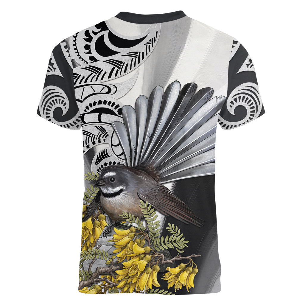 New Zealand Fantail Bird Women V-Neck T-Shirt Maori Piwakawaka Kowhai Maori Pattern