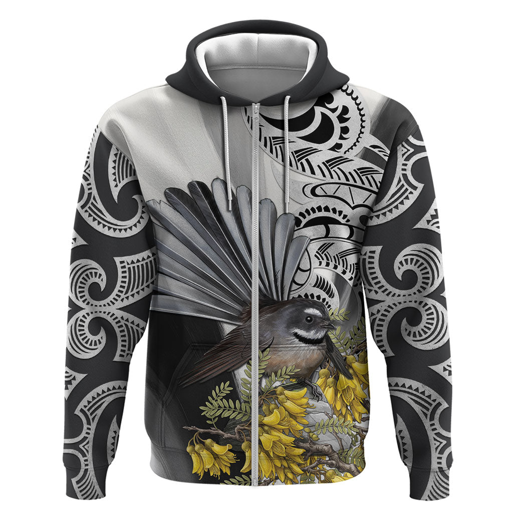 New Zealand Fantail Bird Zip Hoodie Maori Piwakawaka Kowhai Maori Pattern