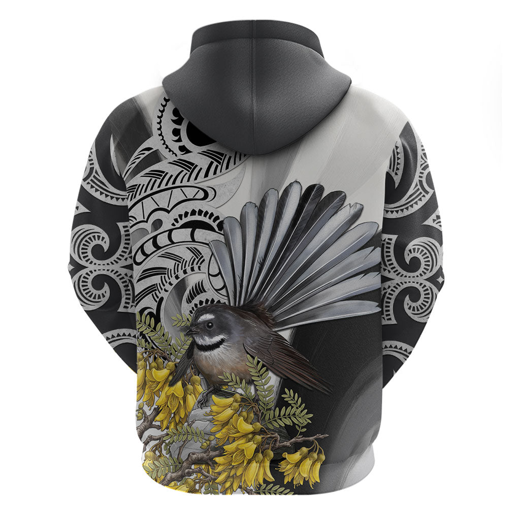 New Zealand Fantail Bird Zip Hoodie Maori Piwakawaka Kowhai Maori Pattern