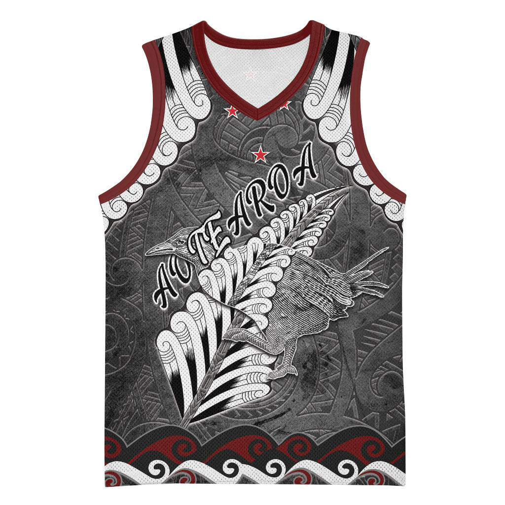 New Zealand Weka Personalised Basketball Jersey Aotearoa Hen Silver Fern Maori Pattern LT22 Unisex Black - Polynesian Pride