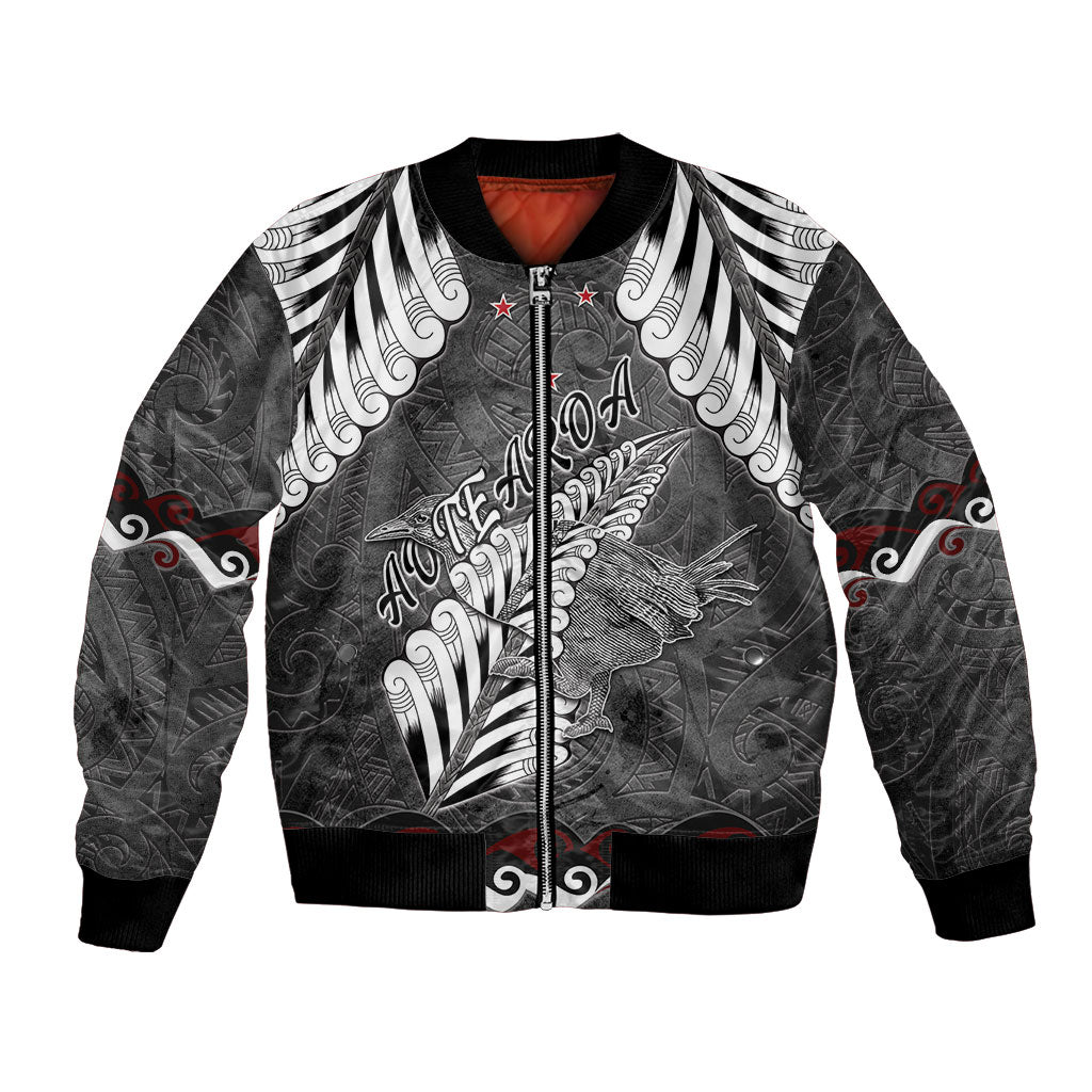 New Zealand Weka Personalised Bomber Jacket Aotearoa Hen Silver Fern Maori Pattern LT22 Unisex Black - Polynesian Pride