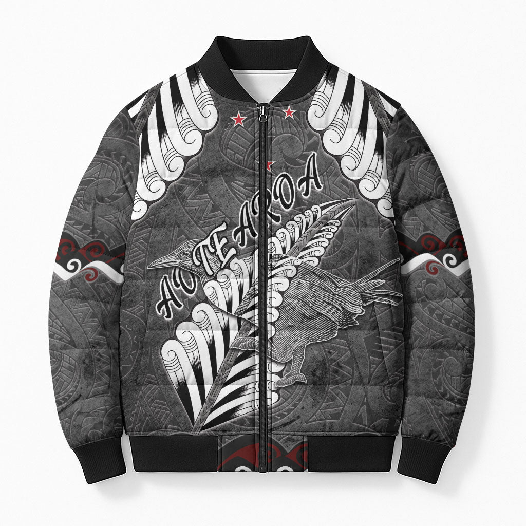 New Zealand Weka Personalised Bomber Puffer Jacket Aotearoa Hen Silver Fern Maori Pattern LT22 Unisex Black - Polynesian Pride