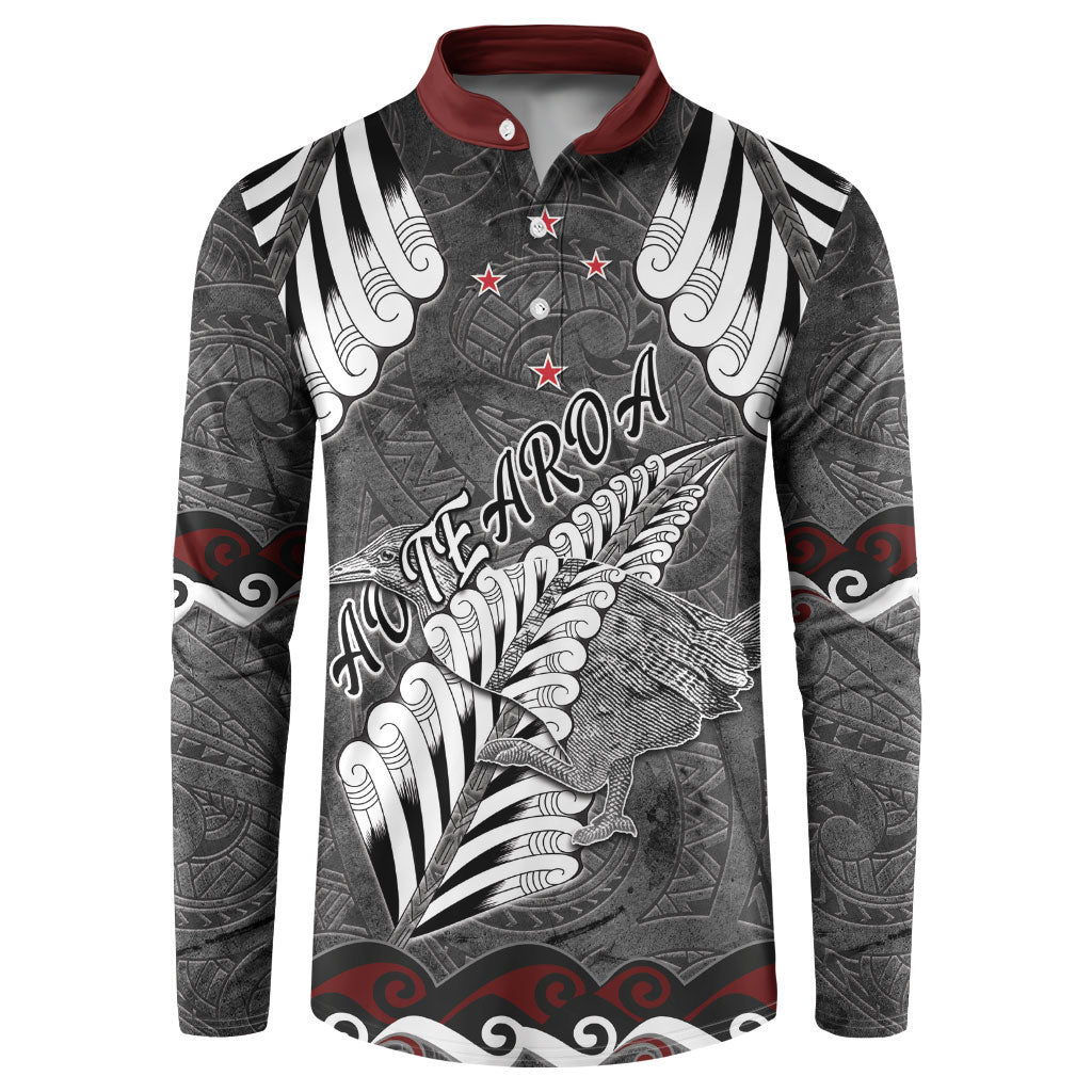 New Zealand Weka Personalised Button Sweatshirt Aotearoa Hen Silver Fern Maori Pattern LT22 Black - Polynesian Pride