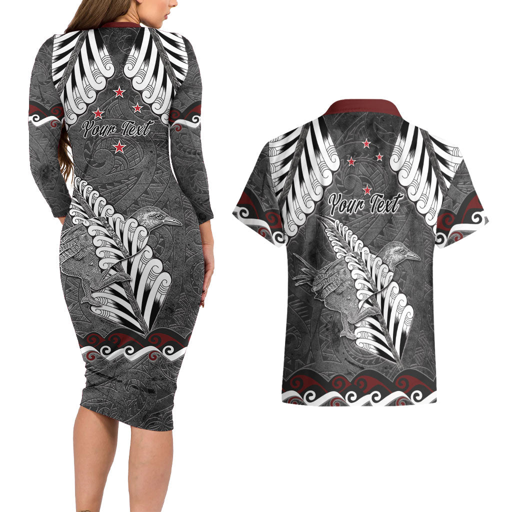 New Zealand Weka Personalised Couples Matching Long Sleeve Bodycon Dress and Hawaiian Shirt Aotearoa Hen Silver Fern Maori Pattern