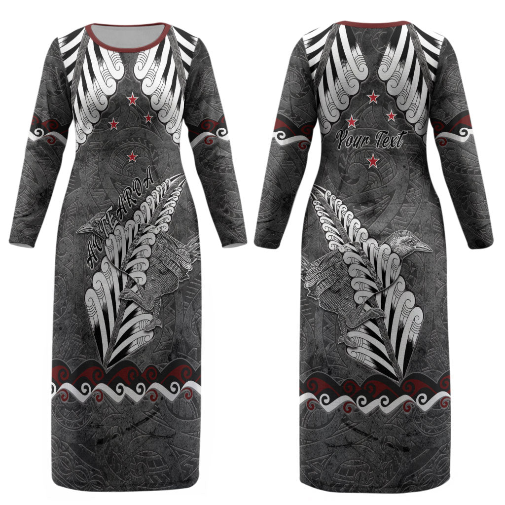 New Zealand Weka Personalised Couples Matching Long Sleeve Bodycon Dress and Hawaiian Shirt Aotearoa Hen Silver Fern Maori Pattern LT22 - Polynesian Pride