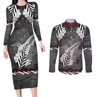 New Zealand Weka Personalised Couples Matching Long Sleeve Bodycon Dress and Long Sleeve Button Shirt Aotearoa Hen Silver Fern Maori Pattern