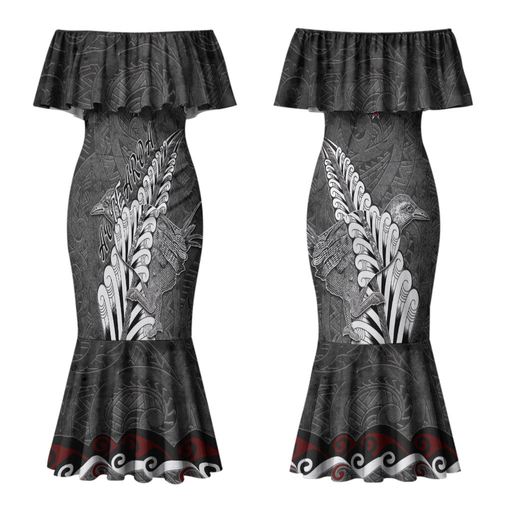 New Zealand Weka Personalised Couples Matching Mermaid Dress and Hawaiian Shirt Aotearoa Hen Silver Fern Maori Pattern LT22