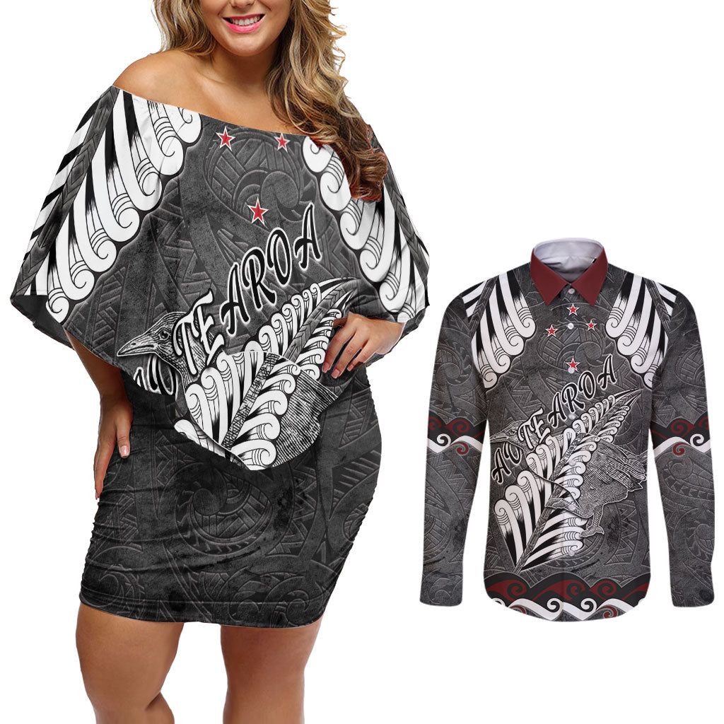 New Zealand Weka Personalised Couples Matching Off Shoulder Short Dress and Long Sleeve Button Shirt Aotearoa Hen Silver Fern Maori Pattern LT22 Black - Polynesian Pride